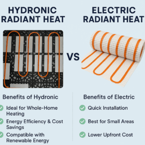 Infographic comparing hydronic and electric radiant heating systems with icons, benefits, and bold headings.