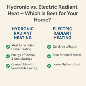 Side-by-side comparison chart of hydronic vs. electric radiant heating systems, listing benefits of each system.