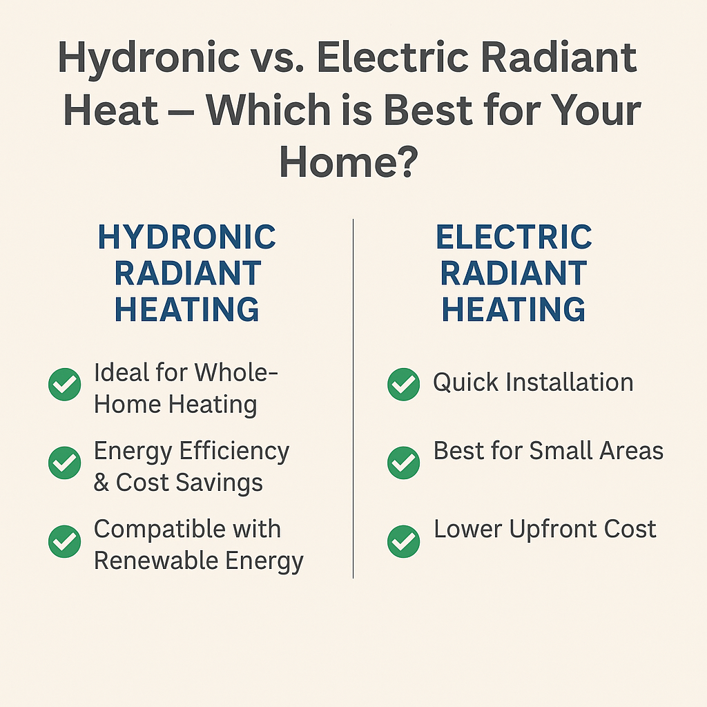 Side-by-side comparison chart of hydronic vs. electric radiant heating systems, listing benefits of each system.