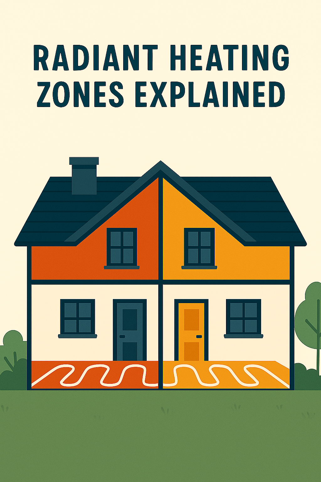 Illustration of a two-story house with radiant heating zones shown in red and orange, labeled "Radiant Heating Zones Explained"