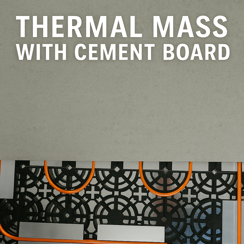 Half-covered radiant floor heating system with orange PEX tubing, aluminum heat plates, and cement board acting as thermal mass.
