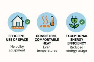 Three illustrated icons represent the benefits of radiant heating: space-saving design, even heat distribution, and energy efficiency.