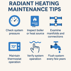 Infographic titled "Radiant Heating Maintenance Tips" featuring six blue circular icons and short maintenance suggestions arranged neatly on a white background with a modern layout.