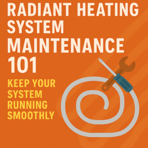 Infographic titled 'Radiant Heating Maintenance Tips' displaying six key maintenance tasks: check system pressure, inspect boiler or heat source, examine manifolds and connections, maintain thermostat operation, verify system operation, and flush system every few years. Each tip is accompanied by a simple blue icon on a clean white background.