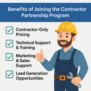 Illustration of a smiling contractor giving a thumbs up next to a checklist of benefits for joining FloorHeat’s Contractor Partnership Program, including contractor-only pricing, technical support, marketing support, and lead generation.
