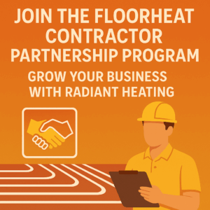 Promotional graphic with an orange background featuring bold text that reads “Join the FloorHeat Contractor Partnership Program – Grow Your Business with Radiant Heating,” alongside an illustrated contractor wearing a hard hat and holding a clipboard, with radiant heat tubing beneath.