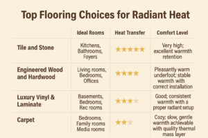 Chart comparing top flooring options for radiant heat based on ideal room placement, heat transfer efficiency, and comfort level.