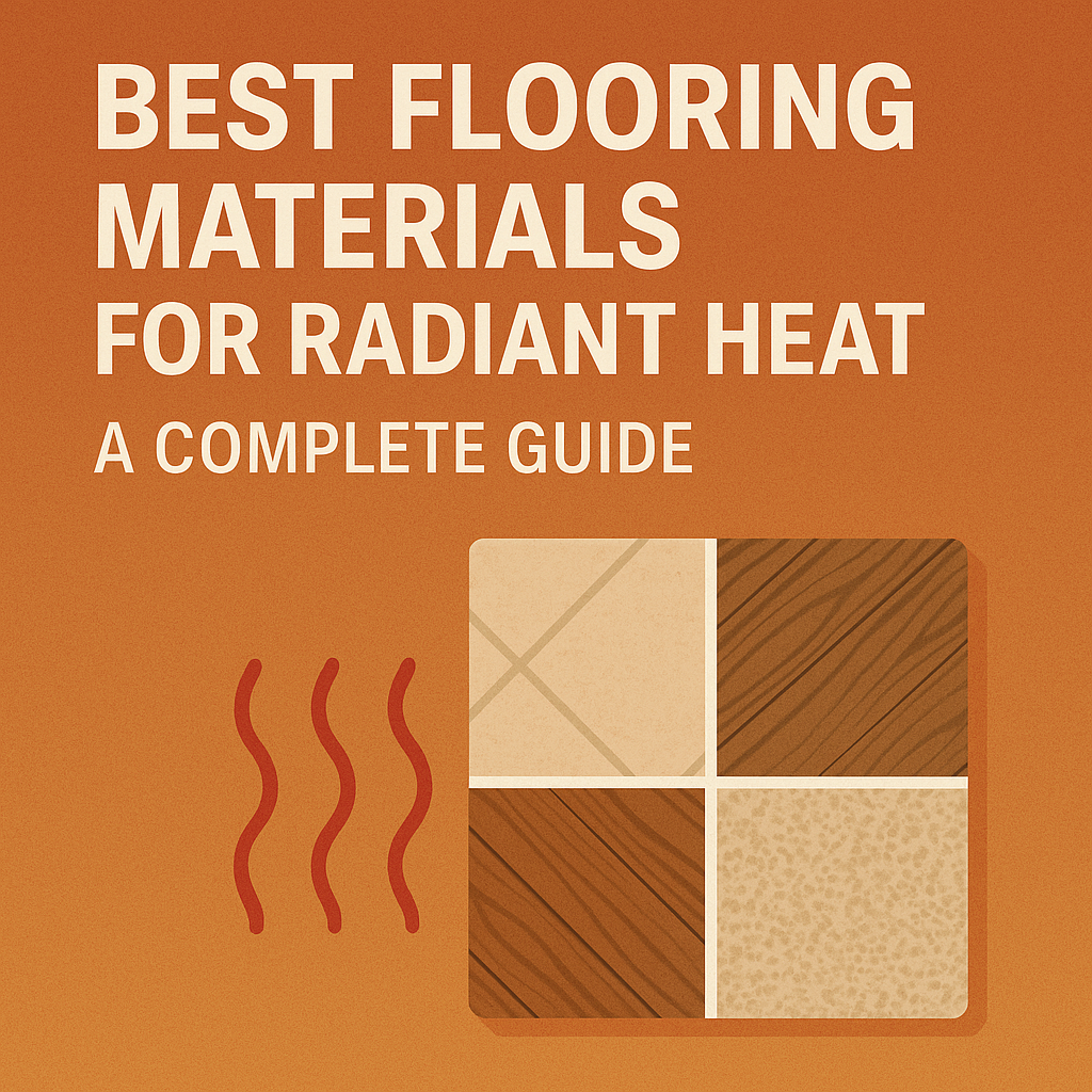 "Comparison chart of flooring types for radiant heat showing ideal rooms, heat transfer ratings, and comfort levels for tile and stone, engineered wood, luxury vinyl, and carpet."