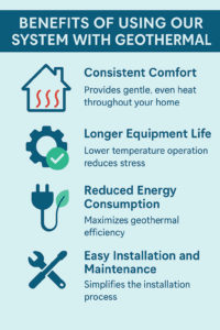 Infographic illustrating the benefits of pairing FloorHeat EasyFloor with geothermal heating, including consistent comfort, longer equipment life, reduced energy consumption, and easy installation.