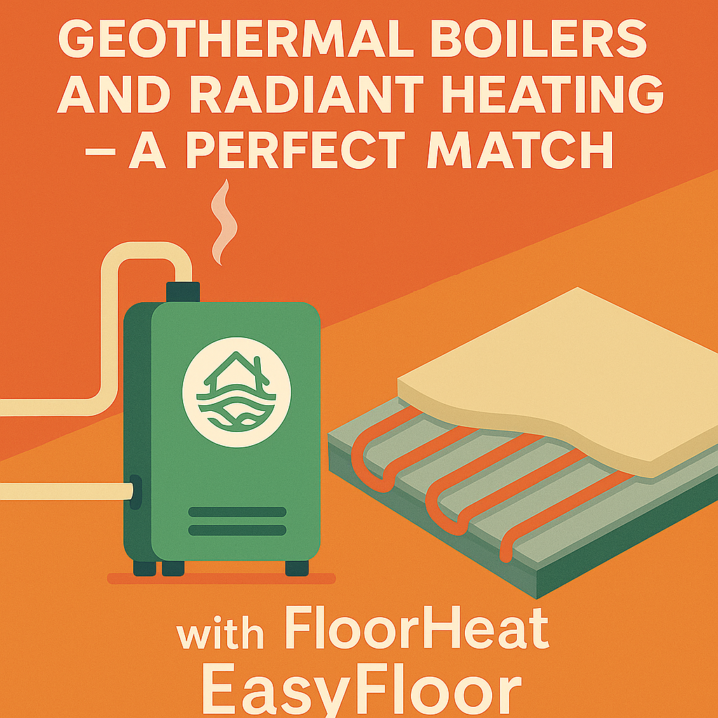 Illustration showing a geothermal heat pump connected to a radiant floor heating system with the title “Geothermal Boilers and Radiant Heating – A Perfect Match with FloorHeat EasyFloor.”
