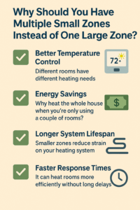 Infographic titled “Why Should You Have Multiple Small Zones Instead of One Large Zone?” with icons and benefits of radiant heating zones
