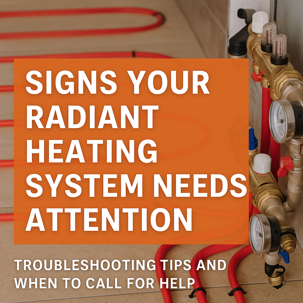 Radiant heating manifold and red tubing on tiled floor with overlaid text reading "Signs Your Radiant Heating System Needs Attention."