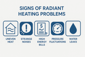 Flat design graphic showing five icons that represent common radiant heating system issues: uneven heat, strange noises, high energy bills, pressure fluctuations, and water leaks.