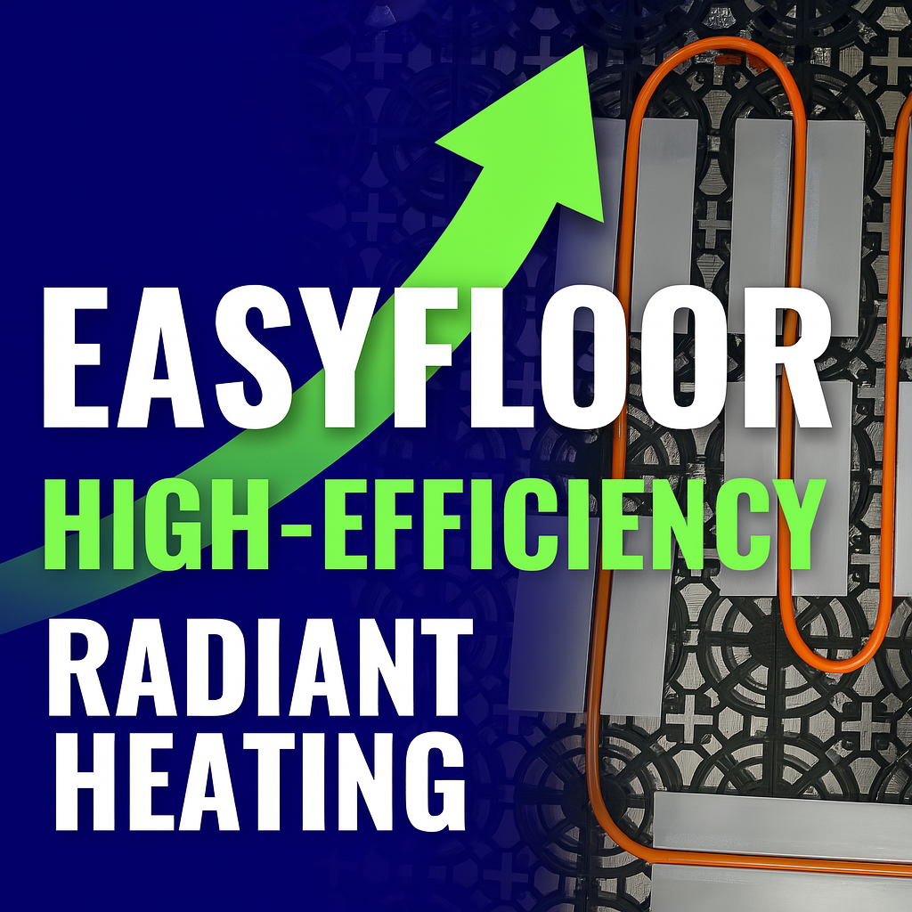 Exploded diagram of the EasyFloor radiant heating system showing layers of reflective foil insulation, interlocking plastic grid, aluminum heat transfer plates, PEX tubing, and cement board thermal mass, with arrows illustrating upward heat flow and key benefits such as low operating temperature, reduced energy usage, and fast response times